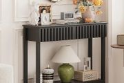 Narrow Fluted Console Table with 2 Drawers and Open Shelf Modern Painted Wood Sofa Table for Hallway, Living Room or Behind Couch (Black)