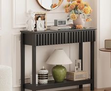 Narrow Fluted Console Table with 2 Drawers and Open Shelf Modern Painted Wood Sofa Table for Hallway, Living Room or Behind Couch (Black)