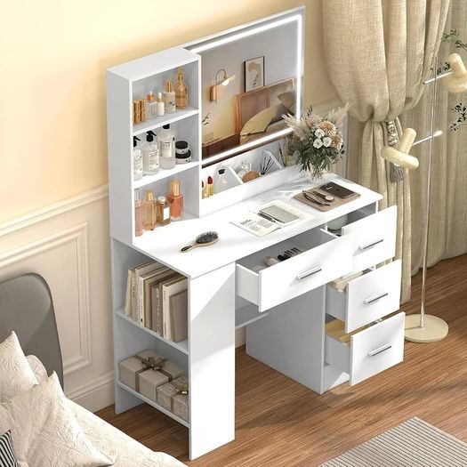 White Dressing Table with LED Mirror 3-Color Lights & Side Cabinet, 2-in-1 Makeup Vanity Desk and Nightstand with 4 Drawers & 6 Storage Shelves, Girls Vanity Table Bedroom Dresser, Large 90cm