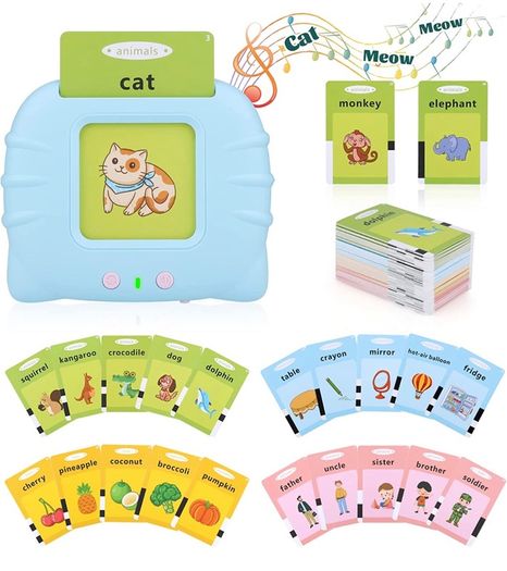 Talking Flash Cards Educational Toys for Toddlers 1-6 Years Old Preschool Learning Toys for Boys Girls 112 Pcs Double-Side Cards 224 Words Reading Toy for Kids Christmas Birthday (Blue/Pink)