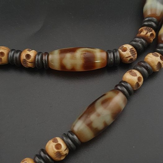 Antique Burmese Pumtek Pyu & Himalayan Tibetan Agate with Skull Shape Beads Necklace