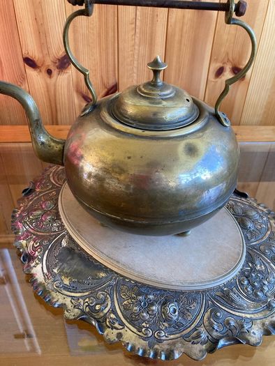 Vintage Kettle & Vintage Fruit Tray with Wooden Inset.