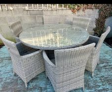 6 seater rattan table and chairs with glass