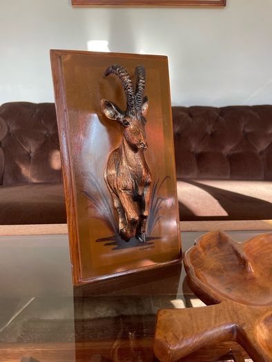 Rare Vintage Rhobard Rhonya Rhodesia Teak and Copper Sable Antelope Mounted Plaque