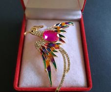 Vintage Style Rainbow Enamel & Crystal Phoenix Bird Of Paradise Brooch Badge Pin