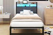 3ft Single Size Bed Frame with LED Lights Storage Upholstered Headboard and Charging Station