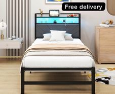 3ft Single Size Bed Frame with LED Lights Storage Upholstered Headboard and Charging Station