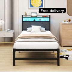 3ft Single Size Bed Frame with LED Lights Storage Upholstered Headboard and Charging Station