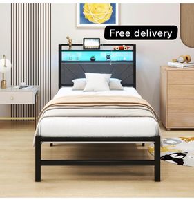 3ft Single Size Bed Frame with LED Lights Storage Upholstered Headboard and Charging Station