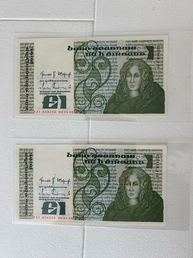 2x UNC Irish old banknote 1 pound consecutive serial nr 1986