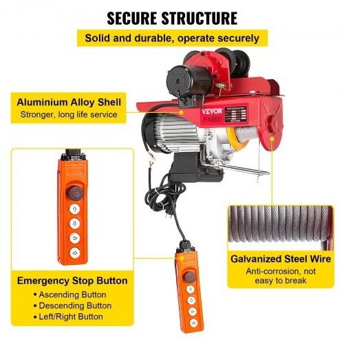 800Kg/1700Lbs Electric Trolley Hoist 1300W Electric Hoist Winch Double 12M/40Ft