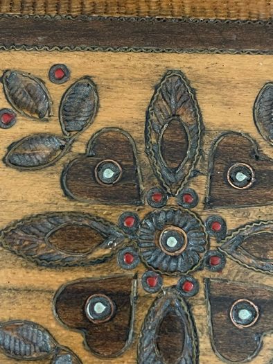 Vintage circa 1970 Hand-Carved Polish Wooden Jewellery Trinket Box Brass & Copper Inlay