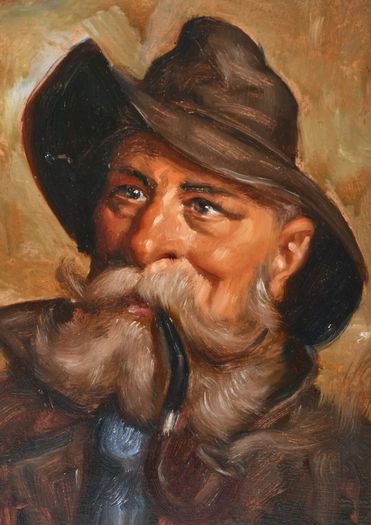 Antique oil painting of a man with pipe