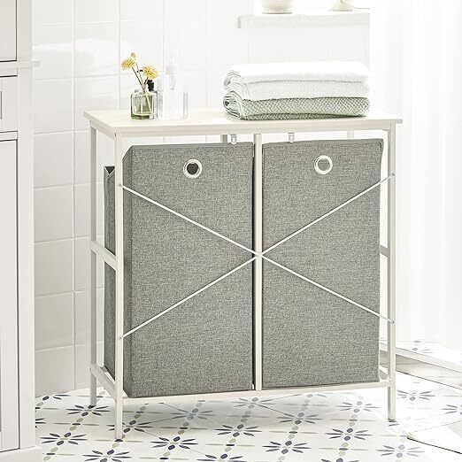 Double Laundry basket   Free-standing Laundry Basket, Dirty Laundry Basket for Laundry Bathroom, with Shelf, 2 Compartments and 2 Removable Laundry Bags