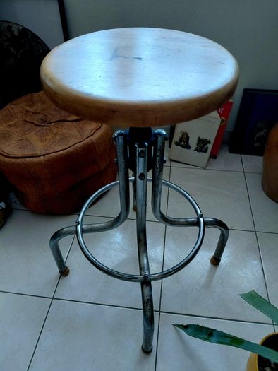 antique industrial stool wood seat metal legs strong sturdy