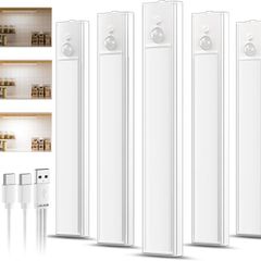 5 Pack Rechargeable Under Cupboard Kitchen Lights, Dimmable Cabinet Light Type-C Charging, LED Motion Sensor Lights Indoor, Magnetic Stick Wireless Light for Shelf Stairs Wardrobe Closet [Energy Class A]