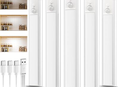 5 Pack Rechargeable Under Cupboard Kitchen Lights, Dimmable Cabinet Light Type-C Charging, LED Motion Sensor Lights Indoor, Magnetic Stick Wireless Light for Shelf Stairs Wardrobe Closet [Energy Class A]