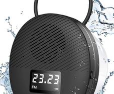 Shower Radio Speaker with Bluetooth 5.0, AGPTEK Waterproof Wireless Bathroom FM with Suction Cup 12H Long Playback Time, Lanyard, LCD Screen Display, Handsfree Calling, Storage Card Playback Black