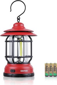 Portable Retro Camping Lantern, Hanging Dimmable COB Brightness Tent Light for Camping, Party, Night Fishing, Hiking, Home Lighting, Outages Emergency (AA Battery Powered, Red)