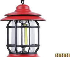 Portable Retro Camping Lantern, Hanging Dimmable COB Brightness Tent Light for Camping, Party, Night Fishing, Hiking, Home Lighting, Outages Emergency (AA Battery Powered, Red)