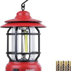 Portable Retro Camping Lantern, Hanging Dimmable COB Brightness Tent Light for Camping, Party, Night Fishing, Hiking, Home Lighting, Outages Emergency (AA Battery Powered, Red)