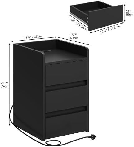Bedside Table with 3 Drawers and Power Station, Modern Nightstand End Table, Water-Resistant Storage Side Table for Living Room and Bedroom, 35 x 40 x 59cm (Black)