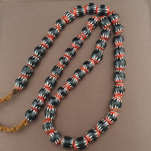Antique Venetian Style Black Chevron Glass Beads Necklace Strand