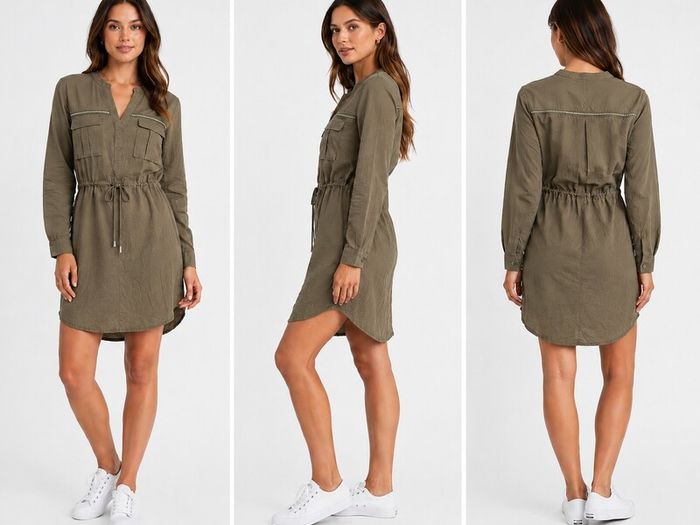 Women's Khaki Utility Shirt Dress with Drawstring Waist  Size UK 6  EU 34