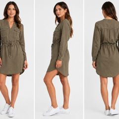 Women's Khaki Utility Shirt Dress with Drawstring Waist  Size UK 6  EU 34