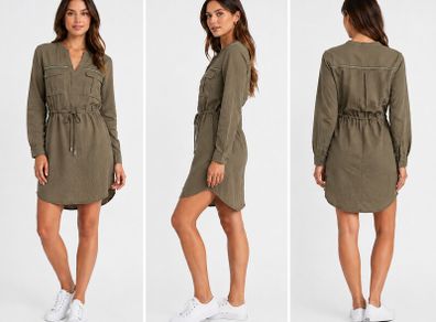 Women's Khaki Utility Shirt Dress with Drawstring Waist  Size UK 6  EU 34