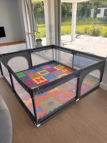 2mx1.8m Playpen with floor tiles, balls and pulls.