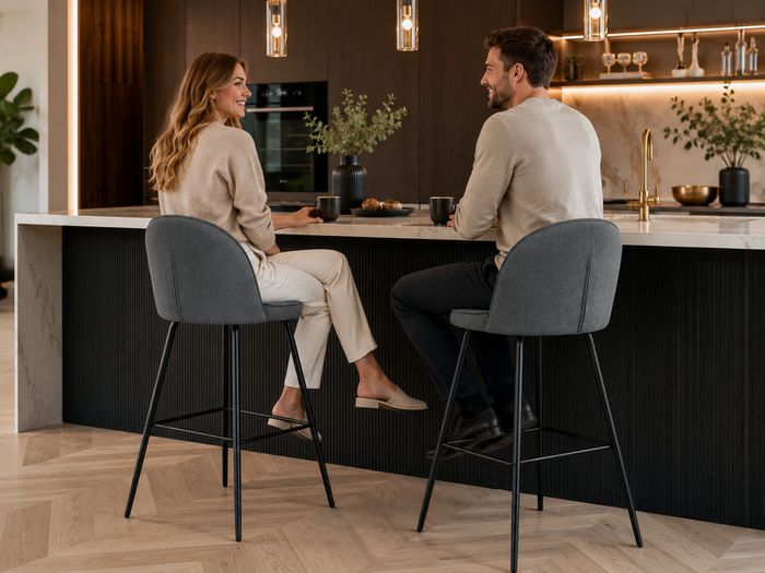 Set of 2 Grey Upholstered Bar Stools with Backrests and Black Steel Legs