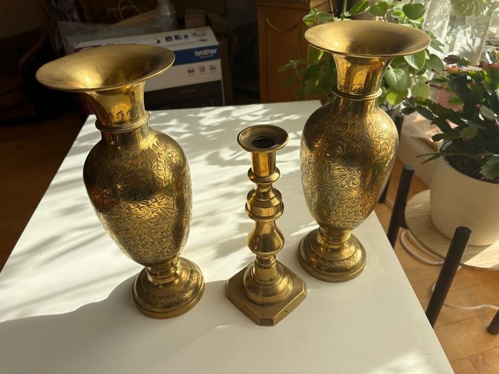 x2 Vintage Solid Brass Vases and candle holder