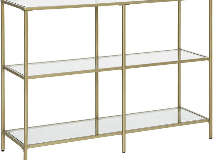 Console table, hall table, 3 levels, side table, shelves made of tempered glass, 100 x 30 x 73 cm, metal frame, modern, for hall, living room, bedroom, gold-colored