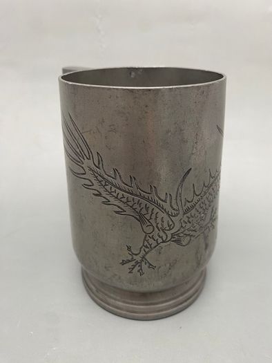 19th Century Chinese Pewter Engraved Dragon Mug - Marked