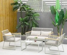 4 Piece Patio Wicker Sofa Set, Outdoor PE Rattan Conservatory Furniture with Cushions, Pillows, and Tempered Glass Table for Backyard, Garden, Grey