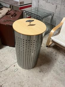 Modern Stainless Steel Perforated Laundry Bin with Wooden Lid