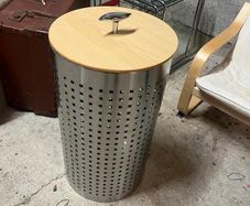 Modern Stainless Steel Perforated Laundry Bin with Wooden Lid