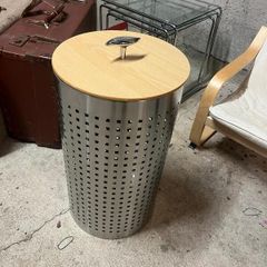 Modern Stainless Steel Perforated Laundry Bin with Wooden Lid
