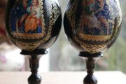Vintage Christian Painted Wooden Brown Egg with Icon of the Mother of God H-7"