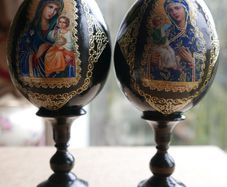 Vintage Christian Painted Wooden Brown Egg with Icon of the Mother of God H-7"