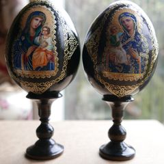 Vintage Christian Painted Wooden Brown Egg with Icon of the Mother of God H-7"