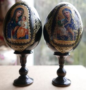Vintage Christian Painted Wooden Brown Egg with Icon of the Mother of God H-7"