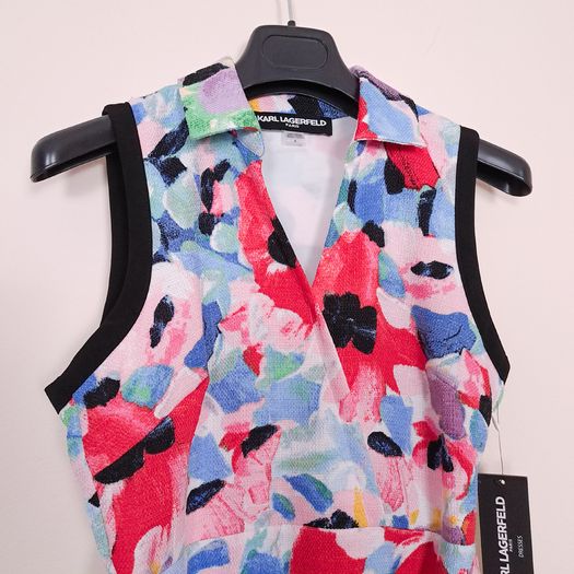 Karl Lagerfeld Multi-Color Red Blue Floral Waist Tie Sleeveless Dress 8UK/36EU/4US