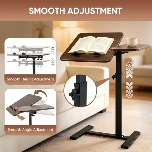 Overbed Bedside Table with Wheels, 60x40cm Split Tilting Tabletop, Height Adjustable Bedside Laptop Desk, Sofa Side Tray Table, Rolling C-Shaped Computer Stand for Bed Sofa Hospital Home, Walnut