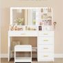 Dressing Table with 3-Colour LED Adjustable Brightness, Vanity Table with Plug and Large Mirror, Stool and Hairdryer Holder, Muti-Drawer Dressing Table, 6 Open Storage Areas Image 5