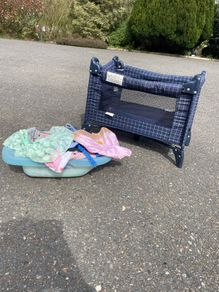 Dolls cot, clothes and bath