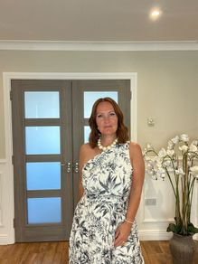 one shoulder pleated monochrome dress