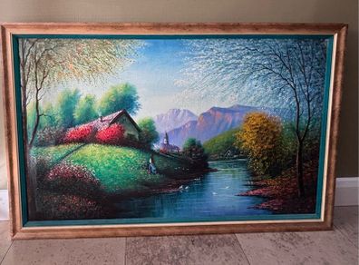 Large Vintage Peruvian Landscape Oil Painting 1993 - Ancash - Signed Angel Rodriguez - Framed