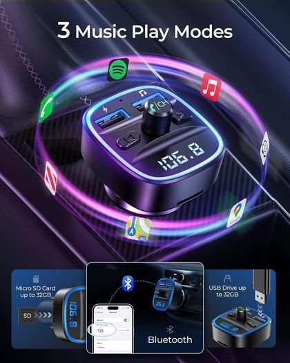 FM Transmitter, Bluetooth Wireless Radio Adapter Car Kit with 2 USB Ports Car Charger MP3 Player Support TF Card & Disk
